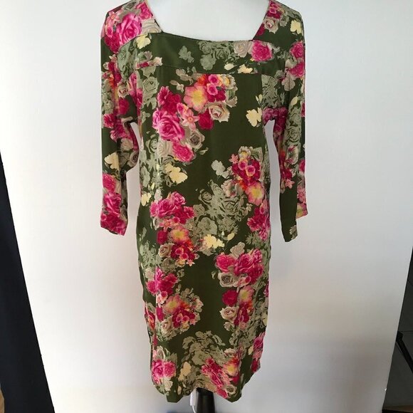 DKNY Long Colorful Tunic olive green/pink/yellow floral 3/4 sleeve square neck 6 - Picture 5 of 16